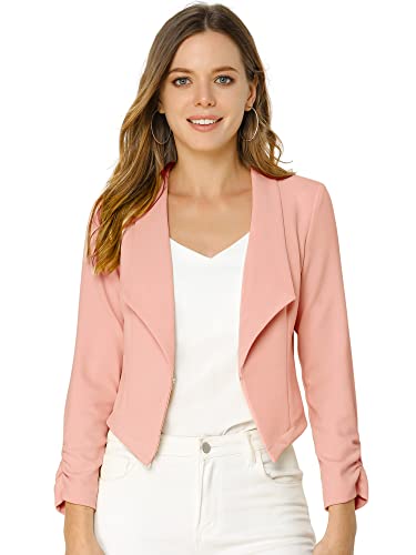 Allegra K Damen Langarm Umlegekragen Geraffte Ärmel Blazer Offen Crop Jacke Rosa XS von Allegra K