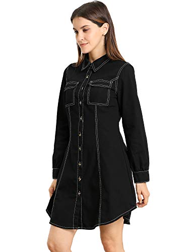 Allegra K Damen Langarm Umlegekragen Knopfleiste Jeans Shirtkleid Kleid Schwarz S von Allegra K