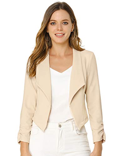 Allegra K Damen Langarm Umlegekragen Geraffte Ärmel Blazer Offen Crop Jacke Beige M von Allegra K