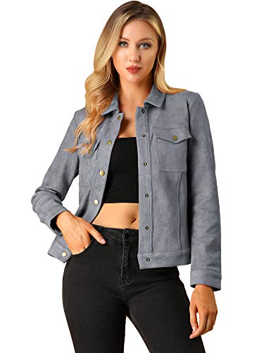 Allegra K Damen Jacke Langarm Umlegekragen Trucker Kunstlederjacke Grau L von Allegra K