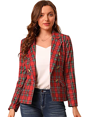 Allegra K Damen Langarm Umlegekragen Zweireiher Kariert Blazer Jacke Rot L von Allegra K