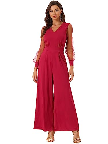 Allegra K Damen Langarm V-Ausschnitt Mesh Weitem Bein Strampler Party Elegant Jumpsuit Rot S von Allegra K