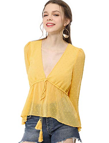 Allegra K Damen Langarm V Neck Drawstring Ruffles Punkte Top Bluse Gelb XS von Allegra K