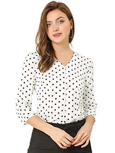 Allegra K Damen 3/4 Ärmel Shirt V-Ausschnitt Knopfleiste Elegante Polka Dots Top Bluse Weiß M von Allegra K