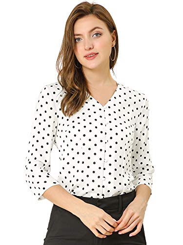 Allegra K Damen 3/4 Ärmel Shirt V-Ausschnitt Knopfleiste Elegante Polka Dots Top Bluse Weiß S von Allegra K