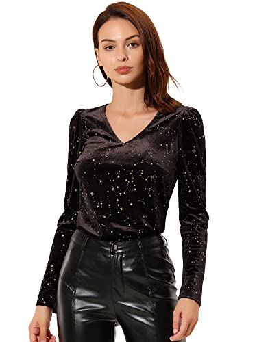 Allegra K Damen Langarm V Neck Metallic Sterne Samt Top Bluse Braun L von Allegra K