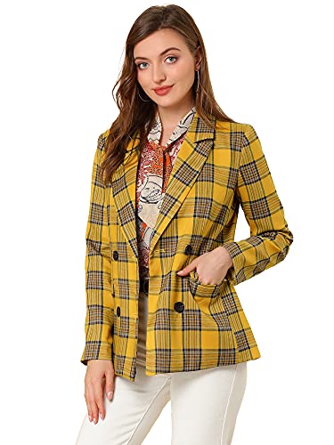 Allegra K Damen Langarm V Neck Reverskragen Zweireiher Kariert Party Blazer Jacke Gelb S von Allegra K