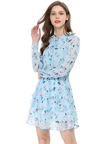 Allegra K Damen Kleid Langarm V-Ausschnitt Rüschen Chiffon Blumenmuster Minikleid Hellblau L von Allegra K