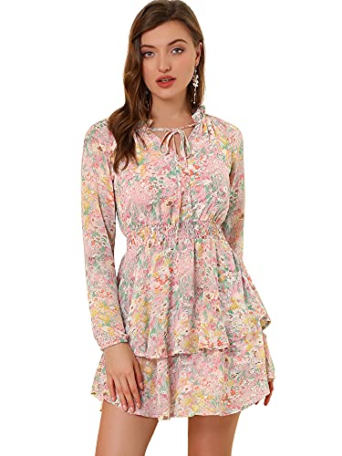 Allegra K Damen Kleid Langarm V-Ausschnitt Rüschen Chiffon Blumenmuster Minikleid Rosa Gelb M von Allegra K