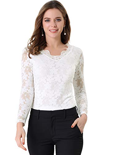 Allegra K Damen Langarm Durchsichtig Spitze Oberteil Rüschenkragen Mesh Blumen Lace Top Bluse Weiß M von Allegra K