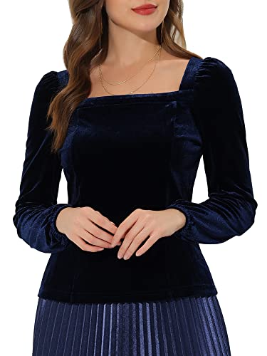 Allegra K Damen Langarm Velvet Oberteil Party Square Neck Samt Bluse Dunkel Blau S von Allegra K