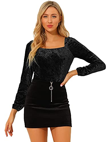 Allegra K Damen Langarm Velvet Oberteil Party Square Neck Samt Bluse Schwarz L von Allegra K