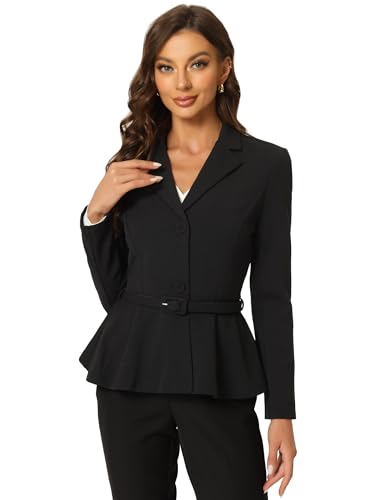 Allegra K Damen Langarm Vintage Gekerbtem Revers Gürtel Rüschen Blazer Jacke Schwarz XS von Allegra K