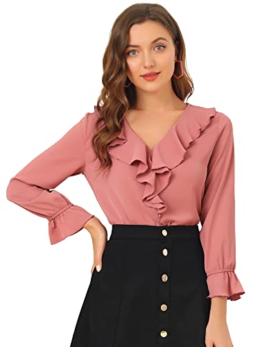 Allegra K Damen Chiffon Bluse Langarm V-Ausschnitt Rüschen Volant Oberteil Elegantes Shirt Dunkelrosa XS von Allegra K