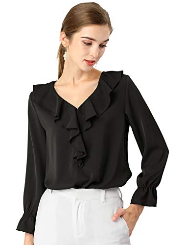 Allegra K Damen Chiffon Bluse Langarm V-Ausschnitt Rüschen Volant Oberteil Elegantes Shirt Schwarz L von Allegra K