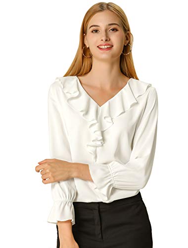 Allegra K Damen Chiffon Bluse Langarm V-Ausschnitt Rüschen Volant Oberteil Elegantes Shirt Weiß XXL von Allegra K
