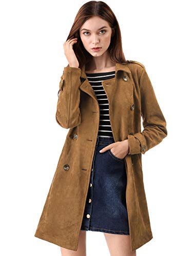 Allegra K Damen Trenchcoat Langarm Zweireiher Faux Wildleder Mantel Wintermantel Braun L von Allegra K