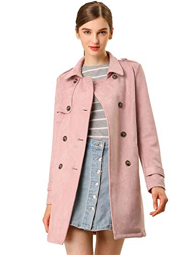 Allegra K Damen Trenchcoat Langarm Zweireiher Faux Wildleder Mantel Wintermantel Rosa M von Allegra K