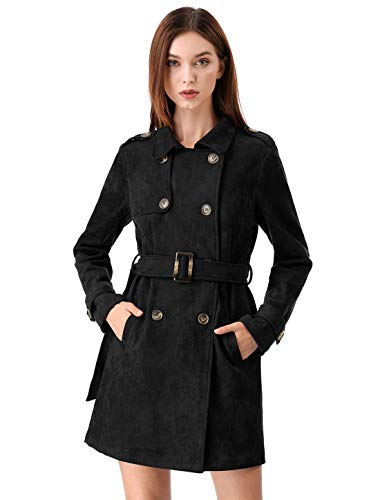 Allegra K Damen Trenchcoat Langarm Zweireiher Faux Wildleder Mantel Wintermantel Schwarz L von Allegra K