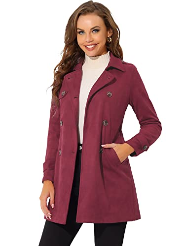 Allegra K Damen Trenchcoat Langarm Zweireiher Faux Wildleder Mantel Wintermantel Dunkel Rot S von Allegra K