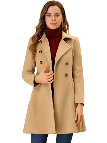 Allegra K Damen Langarm Zweireihiger Umlegekragen Swing Gürtel Wintermantel Mantel Khaki L von Allegra K