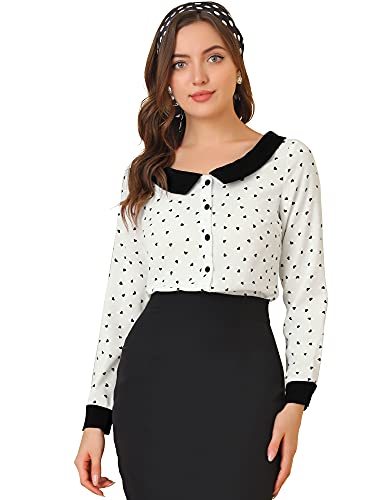 Allegra K Damen Langarmshirt mit Herz-Print und Kontrastkragen mit Knopfleiste Hemd Weiß L von Allegra K