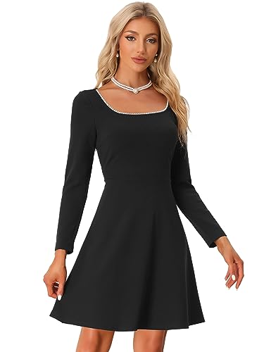Allegra K Damen Langen Ärmeln Kleid Mit Uausschnitt Hoher Taille Elegantes Ausgestelltes Mini Kleid Schwarz M von Allegra K