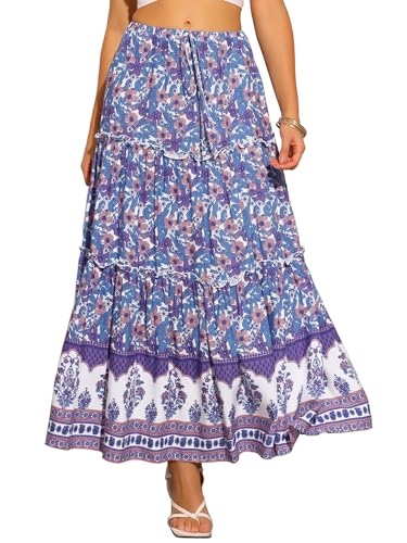 Allegra K Damen Sommer Boho Blumen Rock Elastisch Hohe Taille Rüschen A-Linie Stand Maxiröcke Blau Lila S von Allegra K
