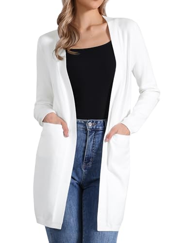 Allegra K Damen Langer Strickjacken Pullover Langärm Vorne Offen Leichte Strick Cardigans Weiß L von Allegra K