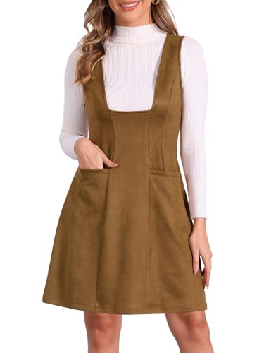 Allegra K Damen Latzkleid Ärmellos mit Taschen Lässig Vintage-Kleid Aus Wildlederimitat Braun S von Allegra K