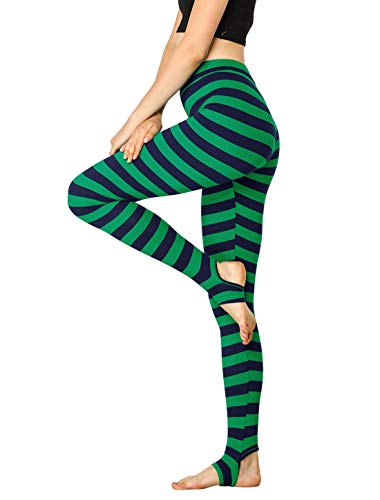 Allegra K Damen Legging High Waist Sportleggings Blickdicht Hose Elastisches Hosenbund Trousers Jogginghose Grün Blau Streifen XXL von Allegra K