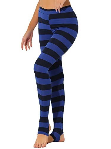 Allegra K Damen Leggings Bedruckt Hohe Taille Elastischer Bund Party Yoga Steigbügelhose, Marineblau / Königsblau gestreift, M von Allegra K