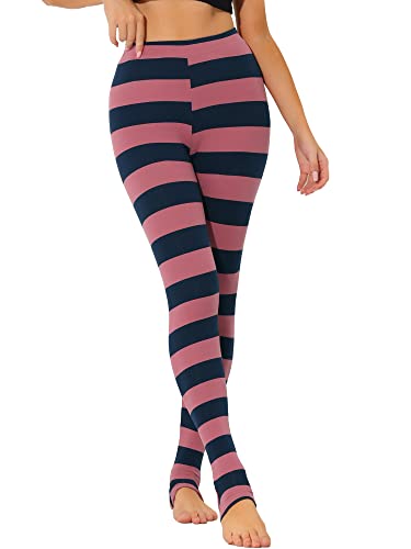 Allegra K Damen Leggings Bedruckt Hohe Taille Elastischer Bund Party Yoga Steigbügelhose, Marineblau mit rosa Streifen, M von Allegra K