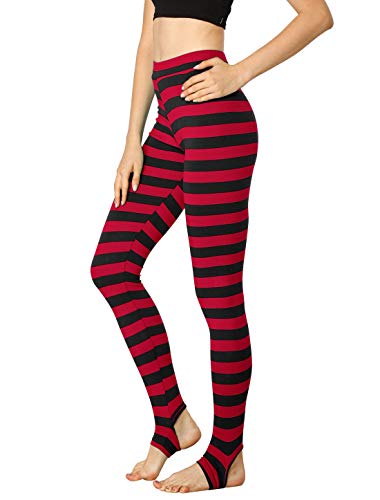 Allegra K Damen Leggings Bedruckt Hohe Taille Elastischer Bund Party Yoga Steigbügelhose, Rot / Schwarz gestreift, Groß von Allegra K