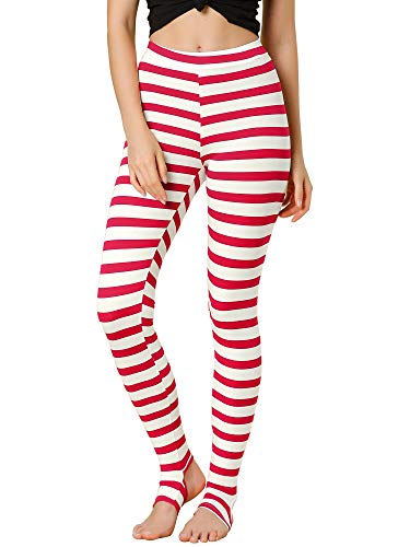 Allegra K Damen Leggings Bedruckt Hohe Taille Elastischer Bund Party Yoga Steigbügelhose, Rot / Weiß gestreift, X-Groß von Allegra K