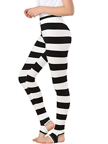 Allegra K Damen Leggings Bedruckt Hohe Taille Elastischer Bund Party Yoga Steigbügelhose, Schwarz / Weiß gestreift, Groß von Allegra K