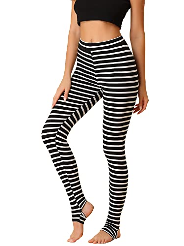 Allegra K Damen Leggings Bedruckt Hohe Taille Elastischer Bund Party Yoga Steigbügelhose, Weiß / Schwarz gestreift, M von Allegra K