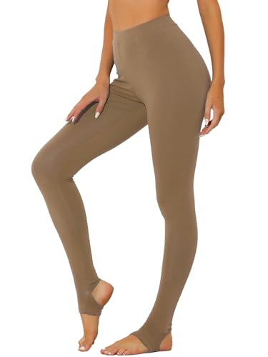 Allegra K Damen Leggings Elastischer Bund Gym Yoga Weiche Baumwolle Steigbügelhose, Khaki, Groß von Allegra K