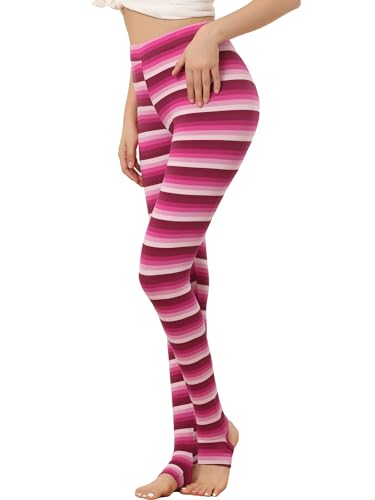 Allegra K Damen Leggings Gedruckt Hohe Taille Elastischer Bund Party Yoga Weihnachten Steigbügelhose, Hot Pink-Streifen, M von Allegra K