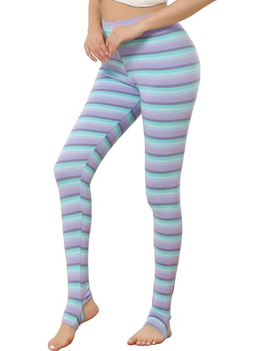 Allegra K Damen Leggings Gedruckt Hohe Taille Elastischer Bund Party Yoga Weihnachten Steigbügelhose, Violett-Blau - Streifen, M von Allegra K