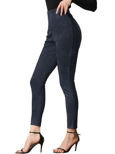 Allegra K Damen-Leggings aus Wildlederimitat, hohe Taille, Stretch, lässig, Kunstlederhose für Damen, Marineblau, X-Klein von Allegra K