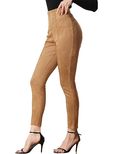 Allegra K Damen-Leggings aus Wildlederimitat, hohe Taille, Stretch, schmale Freizeithose, Braun, Groß von Allegra K