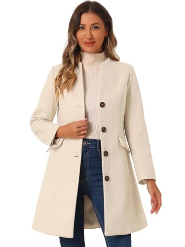 Allegra K Damen Mantel Langarm V-Ausschnitt Einreihiger Knopfleiste Elegant Trenchcoat Wintermantel Beige XL von Allegra K