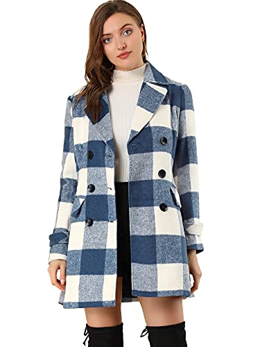 Allegra K Damen Mantel Langarm Zweireiher Colorblock Karo Trenchcoat Coat Blau Weiß XS von Allegra K