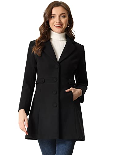 Allegra K Damen Mantel Reverskragen Knopfleiste Oberbekleidung Wintermantel mit Seitentasche Schwarz L von Allegra K