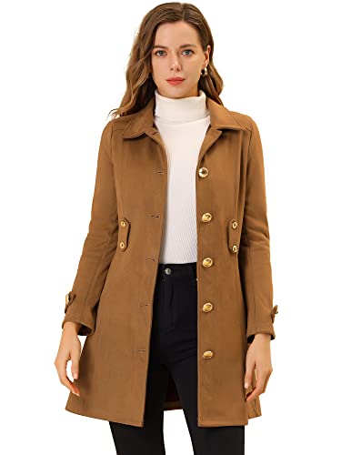 Allegra K Damen Mantel mit Gürtel Künstlicher Plüsch Knopfleiste Revers Elegant Arbeit Wintermantel mit Taschen Braun M von Allegra K