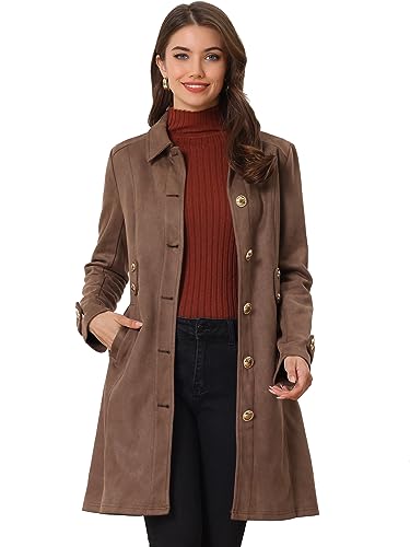 Allegra K Damen Mantel mit Gürtel Künstlicher Plüsch Knopfleiste Revers Elegant Arbeit Wintermantel mit Taschen Dunkelbraun XS von Allegra K