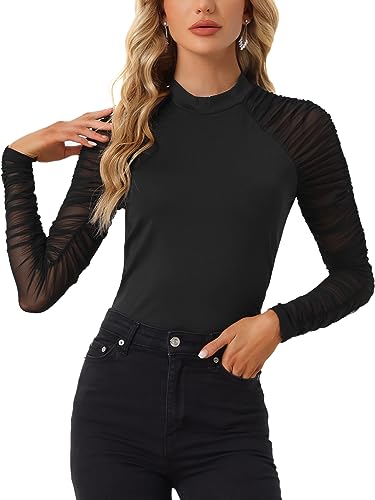 Allegra K Damen Mesh Oberteil Langarm Geraffte Durchsichtig Tops Rundhalsausschnitt Knopfleiste hinten Bluse Schwarz L von Allegra K