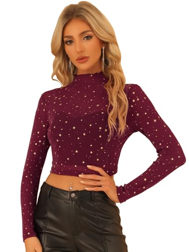 Allegra K Damen Mesh Oberteil Langarmshirt Eng Stehkragen Durchsichtig Glitzer Stern Crop Top Burgunderrot XS von Allegra K