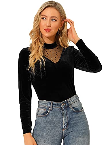 Allegra K Damen Mesh Panel Dots V-Cut Neck Patchwork Langarm Samtoberteil Schwarz M von Allegra K